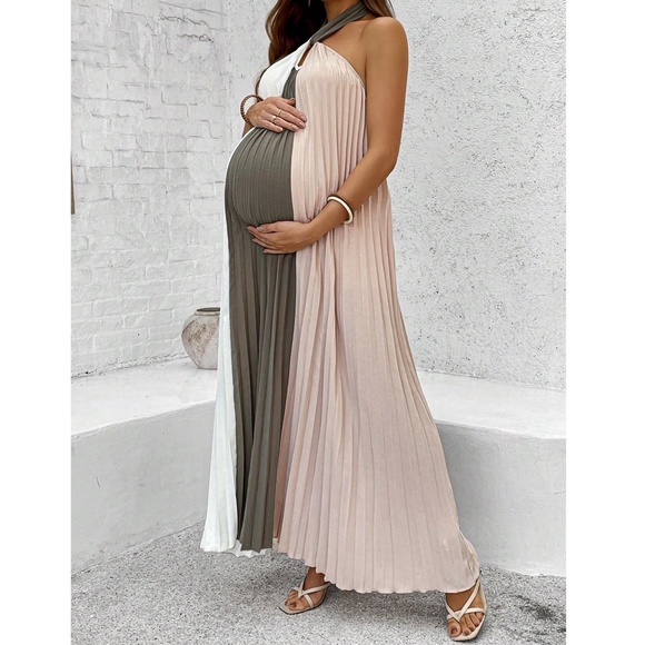 Maternity Color block Halter Flowy Maxi Dress - Picture 2 of 5